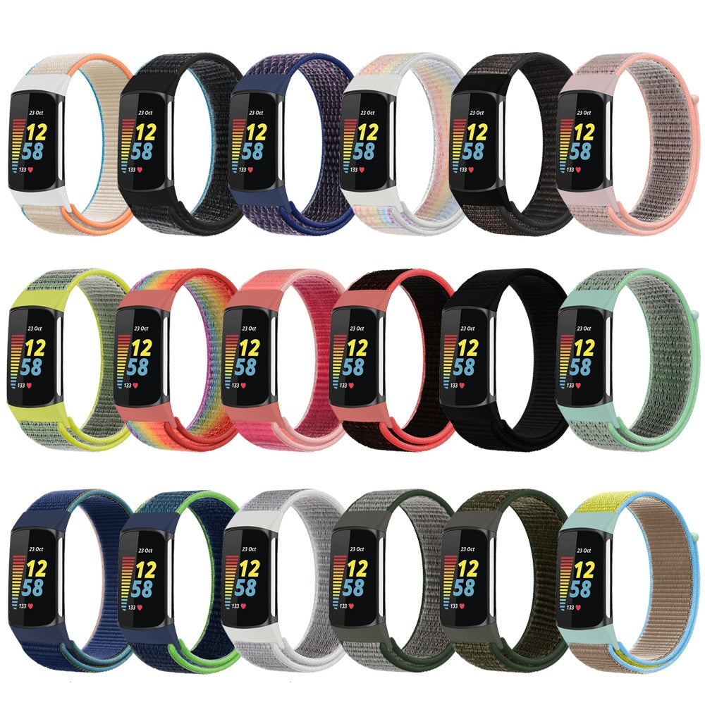 Fitbit Charge 5 and 6 sport loop bands in multiple colors with velcro closure, including black, navy, pink, neon, and multi-color options