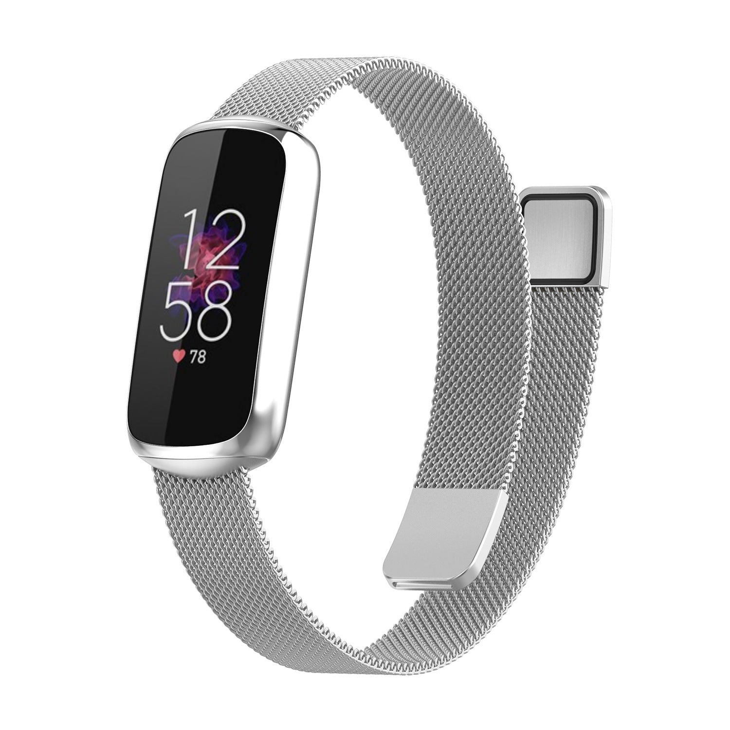 Fitbit Luxe fitness tracker with silver mesh band showing time 12:58 and heart rate 78 on OLED display