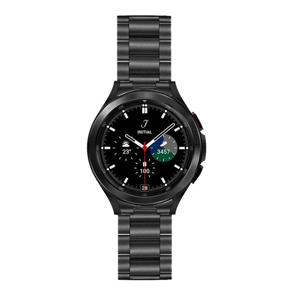 Black stainless steel smartwatch with chronograph dial, temperature and step counter display on black metal band