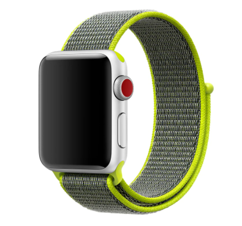 Silver aluminum Apple Watch with neon yellow and gray sports loop band featuring velcro closure