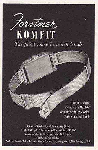 Vintage Forstner Komfit military watch band advertisement showcasing thin stainless steel mesh strap with adjustable clasp