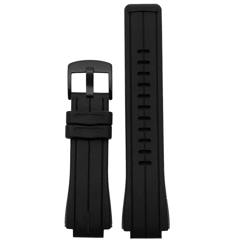 Black silicone watch band with metal buckle, showing 16mm and 24mm sizes side by side for G-Shock watches