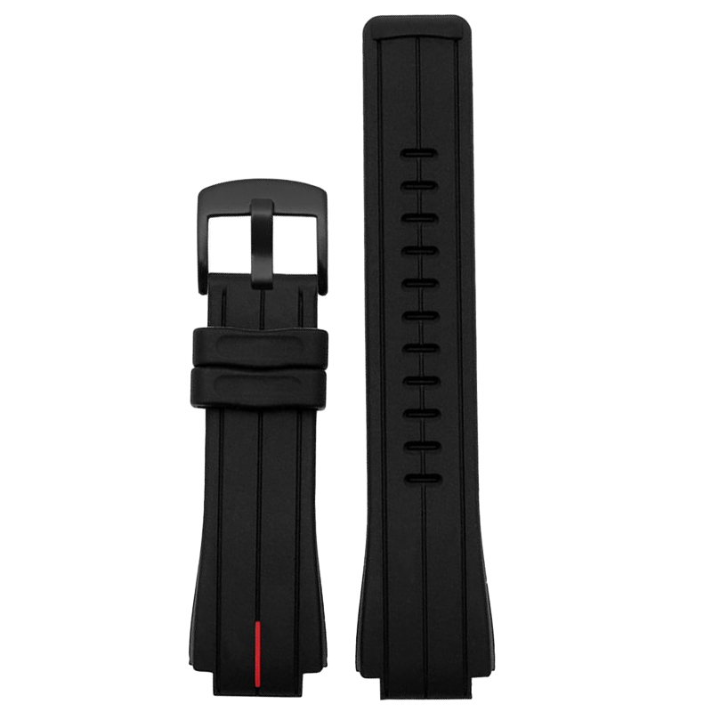 Black silicone G-Shock watch band with red center line, 16mm and 24mm sizes shown with buckle