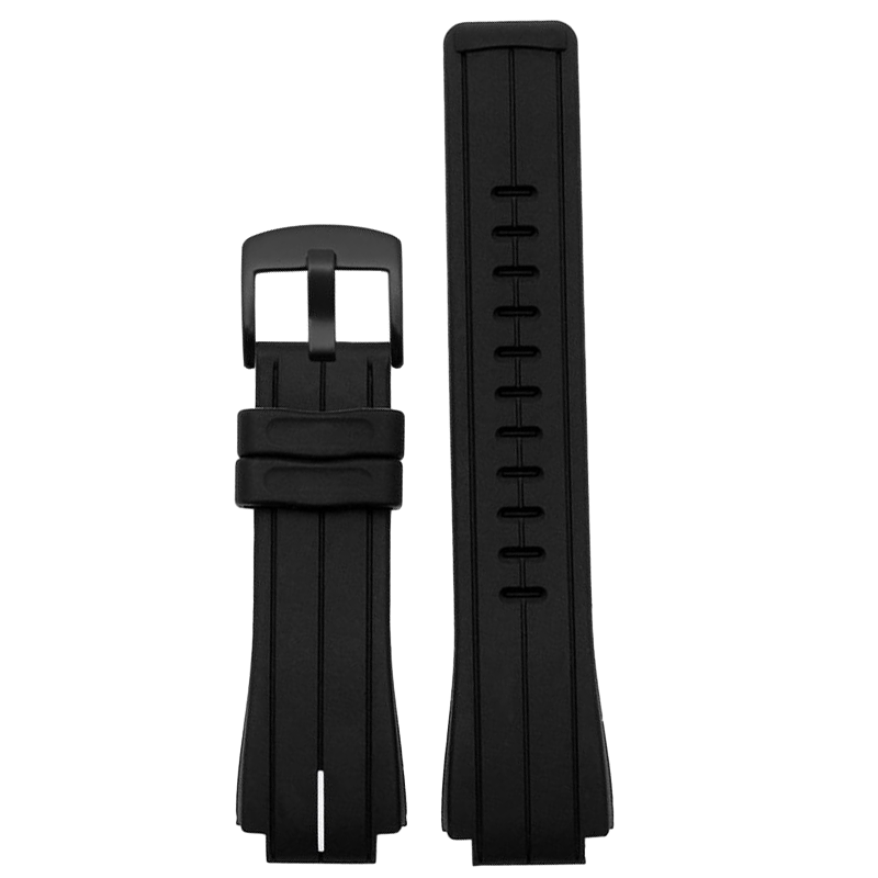 Black silicone G-Shock replacement watch band with buckle and stitched design, available in 16mm and 24mm sizes