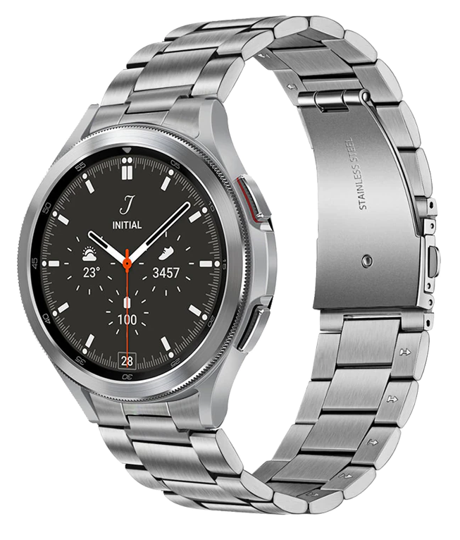 Silver stainless steel bracelet fitted for Galaxy Watch 4-7, shown on smartwatch with black dial and chronograph display