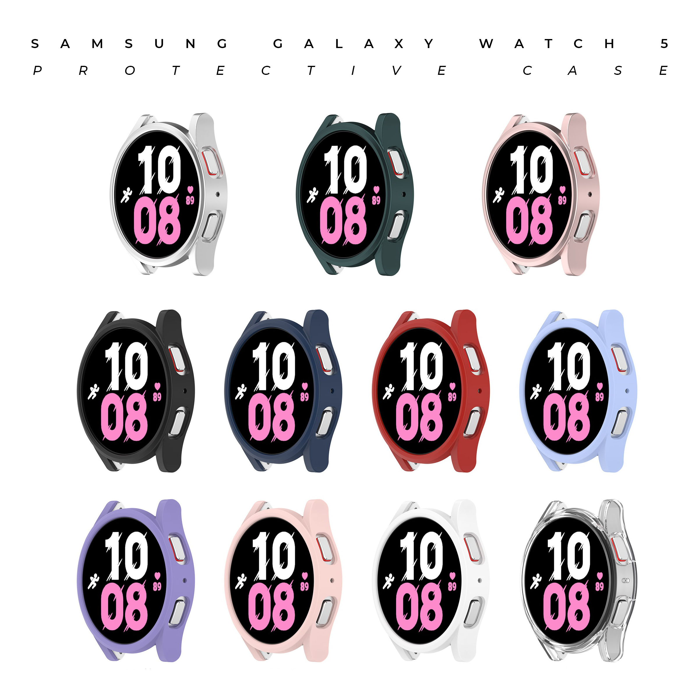 Samsung Galaxy Watch 5 protective case in 12 color options including silver, green, pink, black, navy, red, lavender and white
