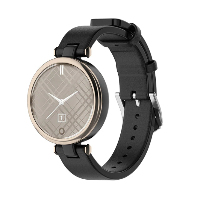 Garmin Lily smartwatch with rose gold case, quilted grey dial, and black leather band