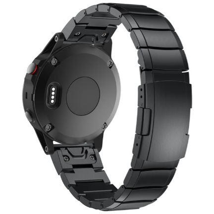 Black stainless steel link bracelet smartwatch band with quick-fit connector system