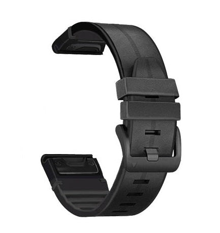 Black QuickFit hybrid leather smartwatch band with quick-release pins and adjustment loops
