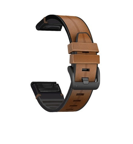 Tan and black leather hybrid smartwatch band with quick-fit connectors and adjustable strap