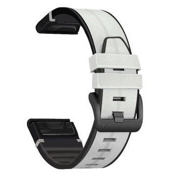 QuickFit leather hybrid smartwatch band in light grey with black accents and quick-release pins