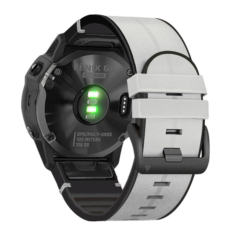 Fenix 6X Sapphire smartwatch with light grey hybrid leather band, GPS multi-GNSS, 100m water resistant, illuminated green status indicator