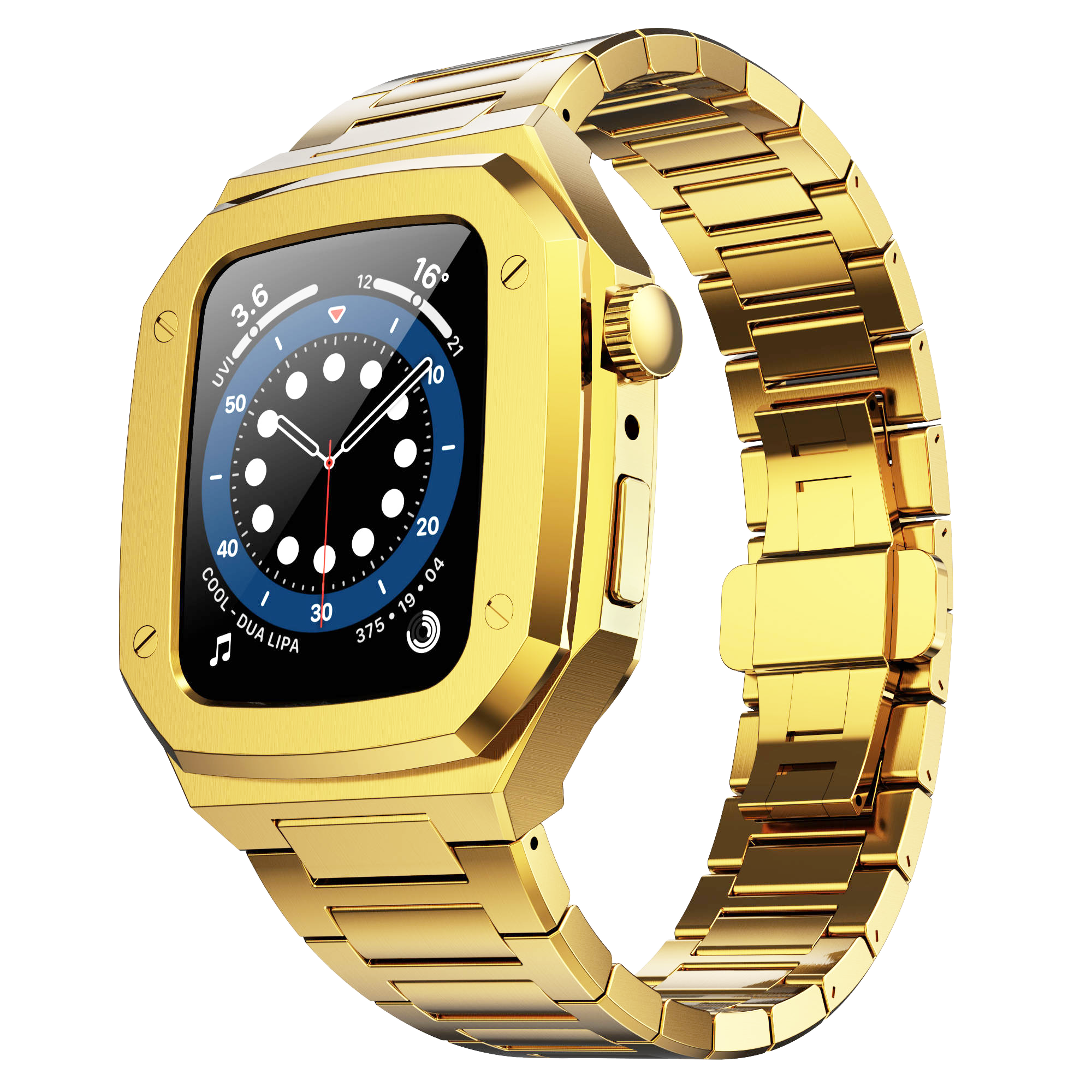 Gold stainless steel smartwatch case and link bracelet with black dial and blue bezel
