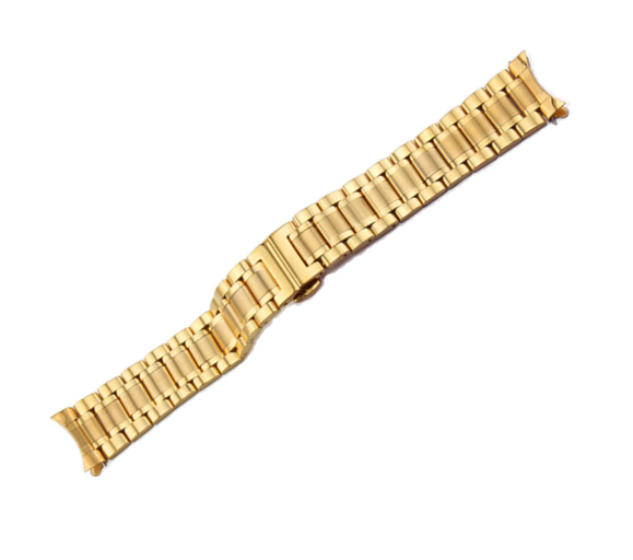 Gold stainless steel curved watch bracelet with solid links and secure clasp