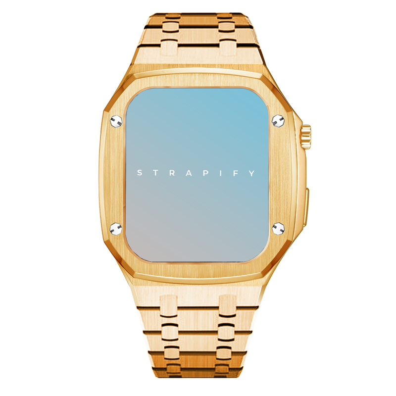Gold stainless steel smartwatch with brushed finish case, matching bracelet, and blue digital display