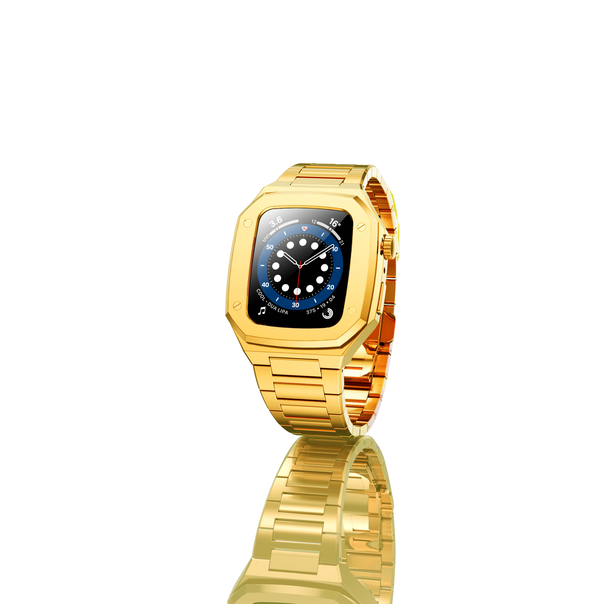 Gold stainless steel smartwatch case with matching link bracelet and blue dial face with digital display