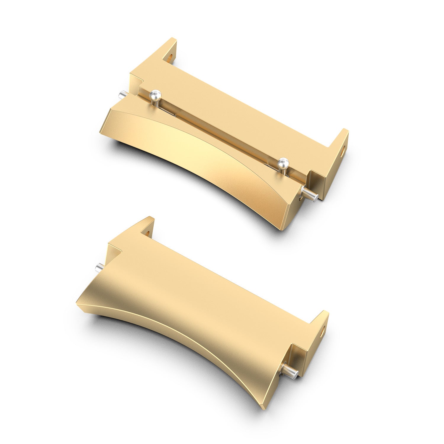 Brass-colored gap fill adapters with metal fasteners, shown assembled and disassembled configurations for watch band fitting
