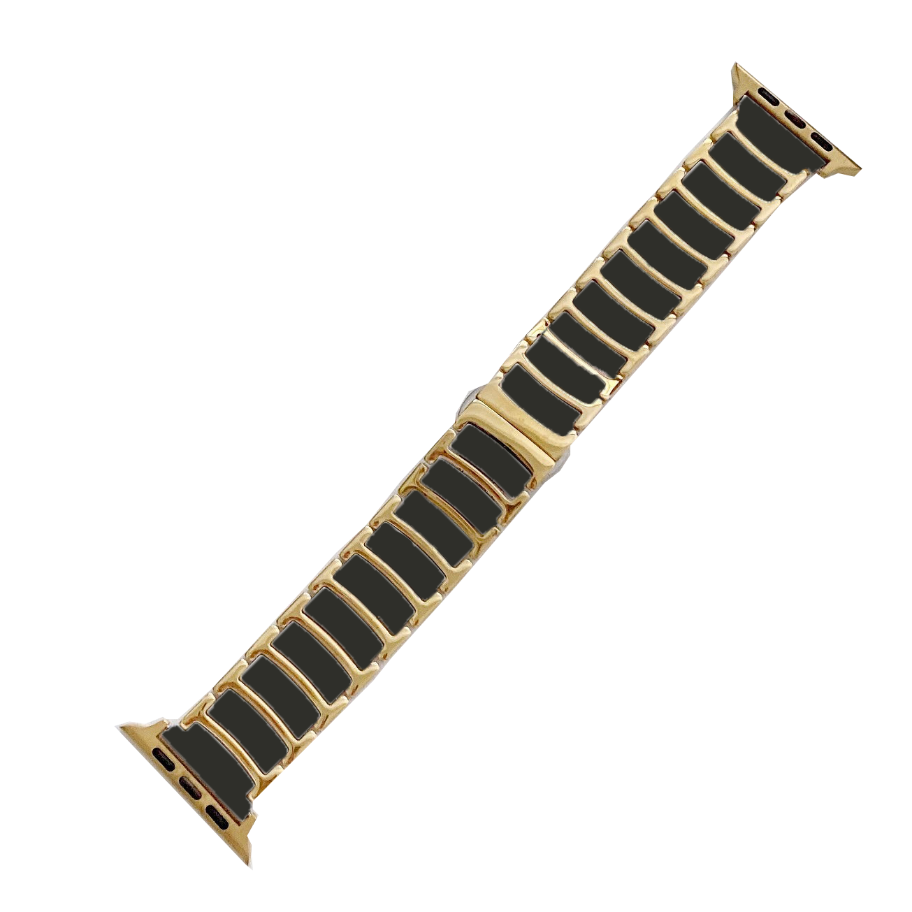 Gold and black ceramic steel bracelet for Apple Watch with alternating rectangular links and connector pins
