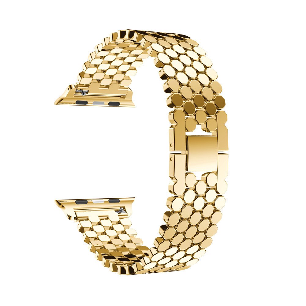 Gold hex steel bracelet band for Apple Watch with geometric scale pattern and metal link design