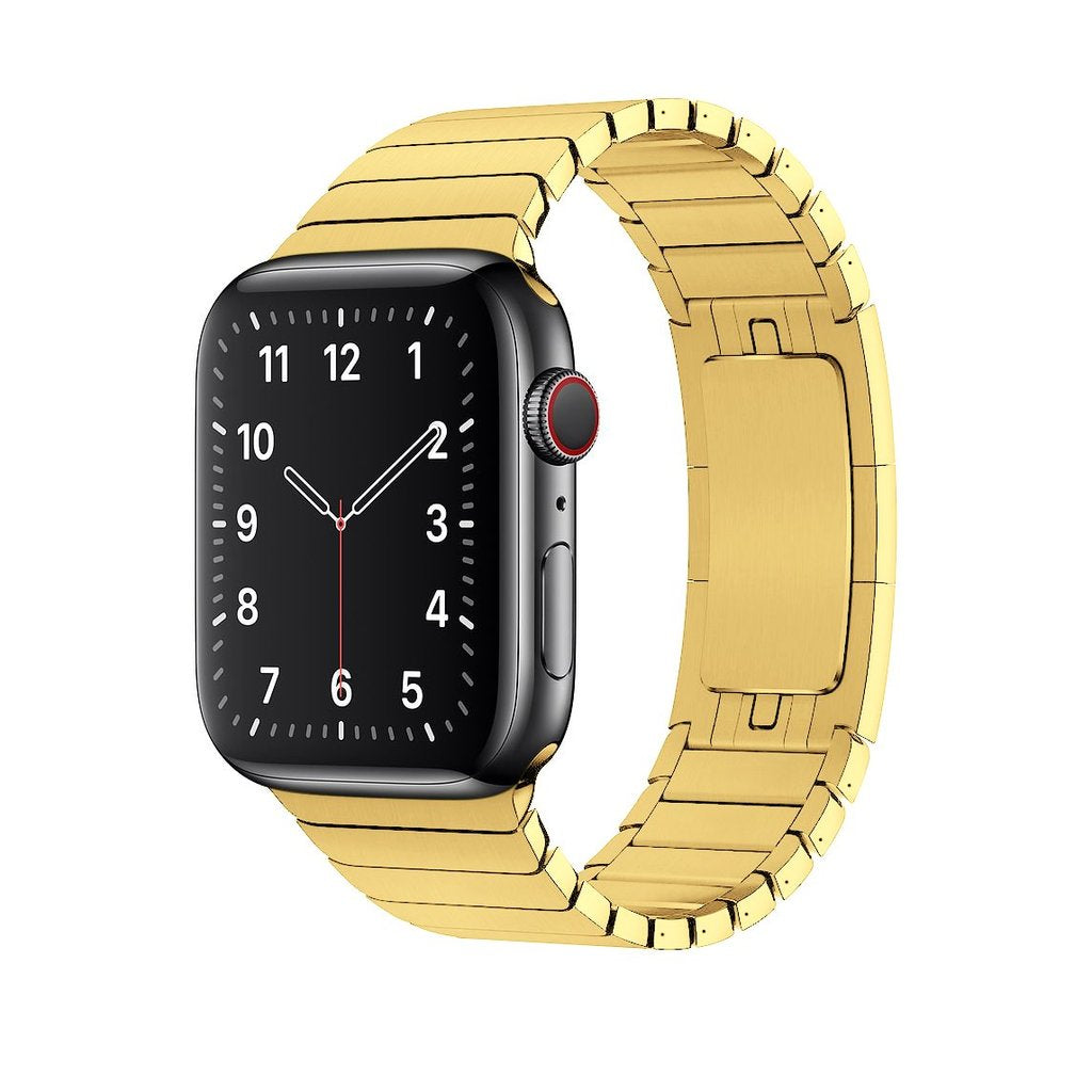 Gold stainless steel link bracelet for smart watch with black dial and red crown detail