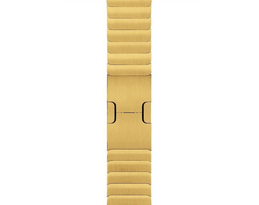 Gold stainless steel link bracelet for Apple Watch with segmented band design and closure mechanism