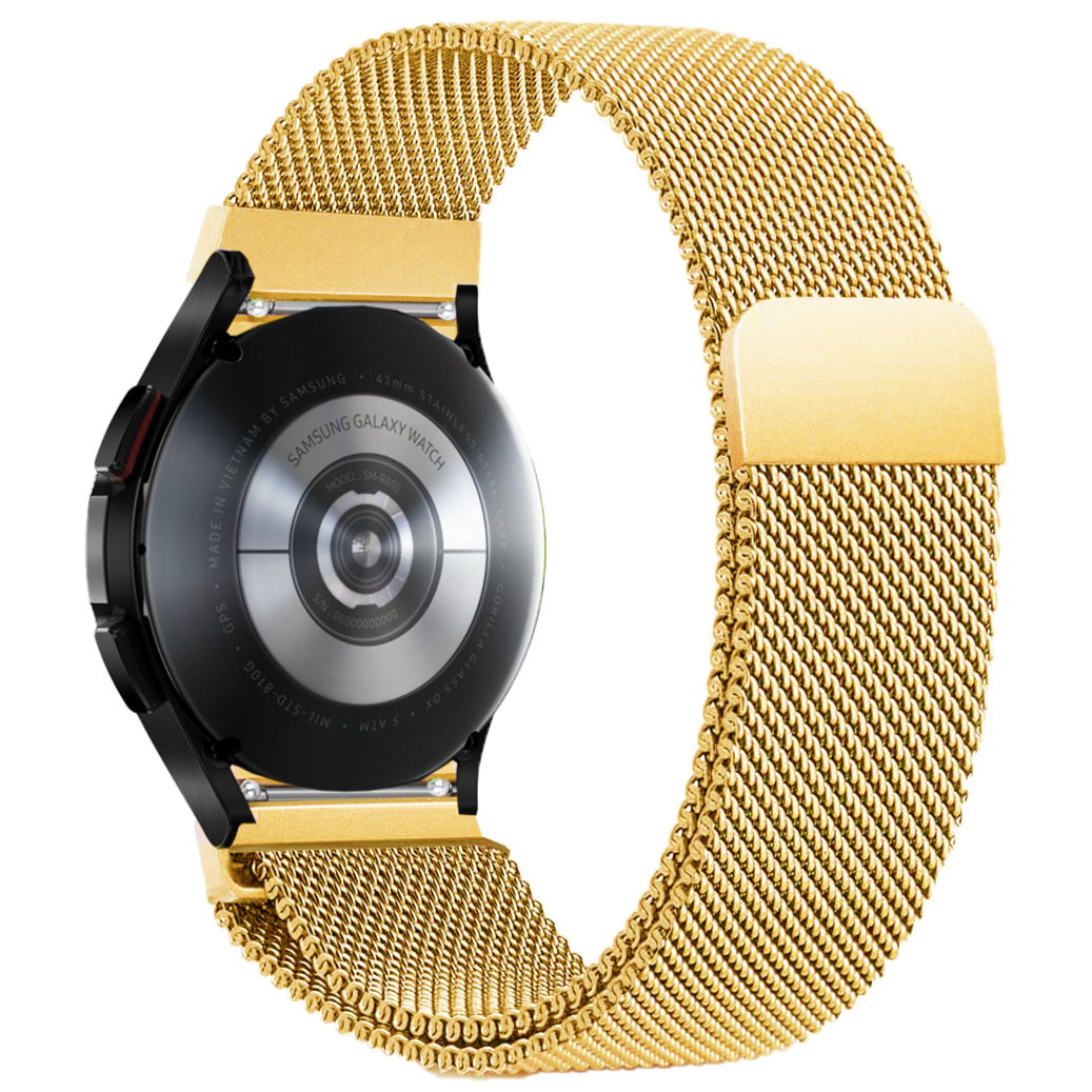 Samsung Galaxy Watch with gold Milanese mesh band and magnetic closure clasp
