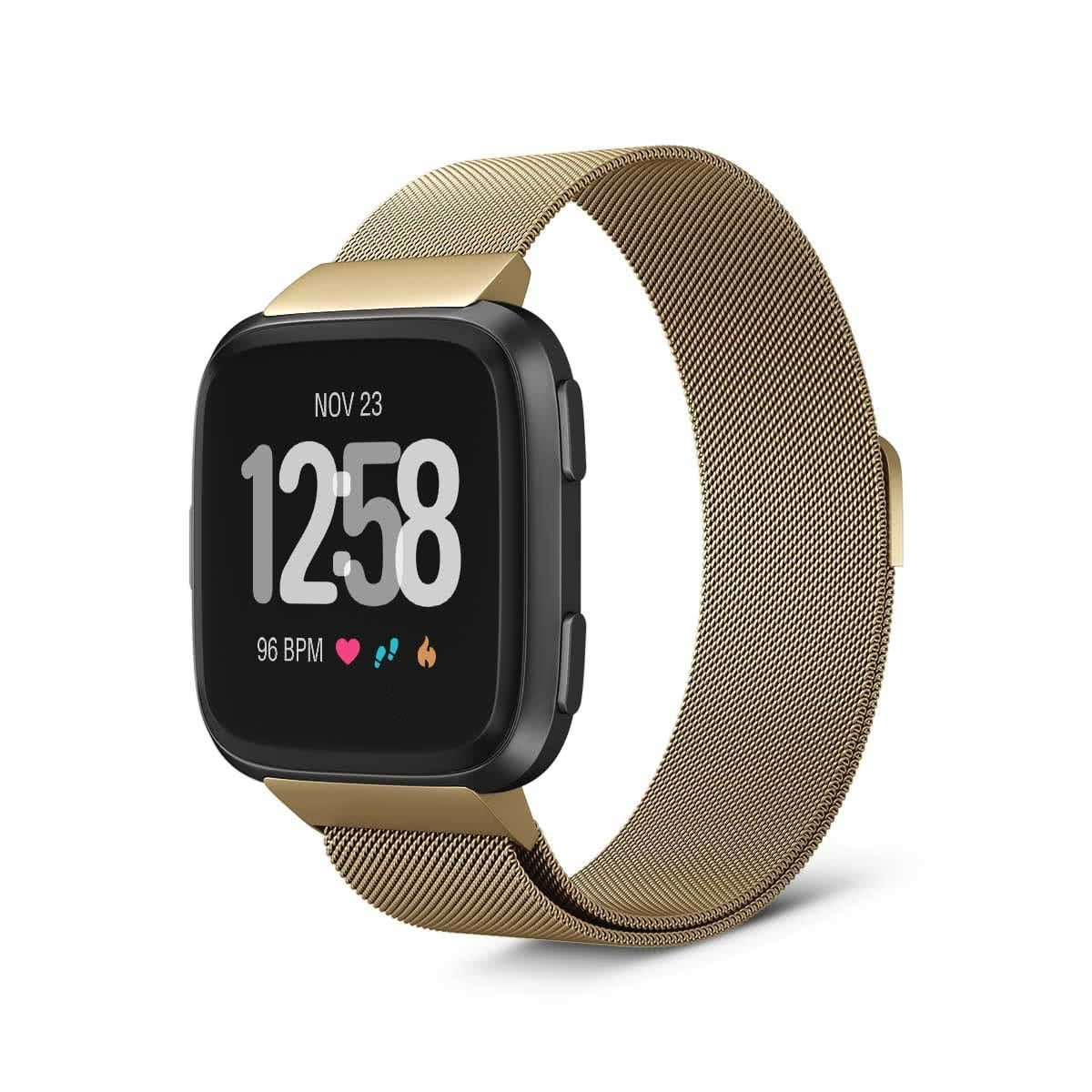 Gold Milanese mesh band smartwatch with black square display showing time, date, heart rate and activity icons