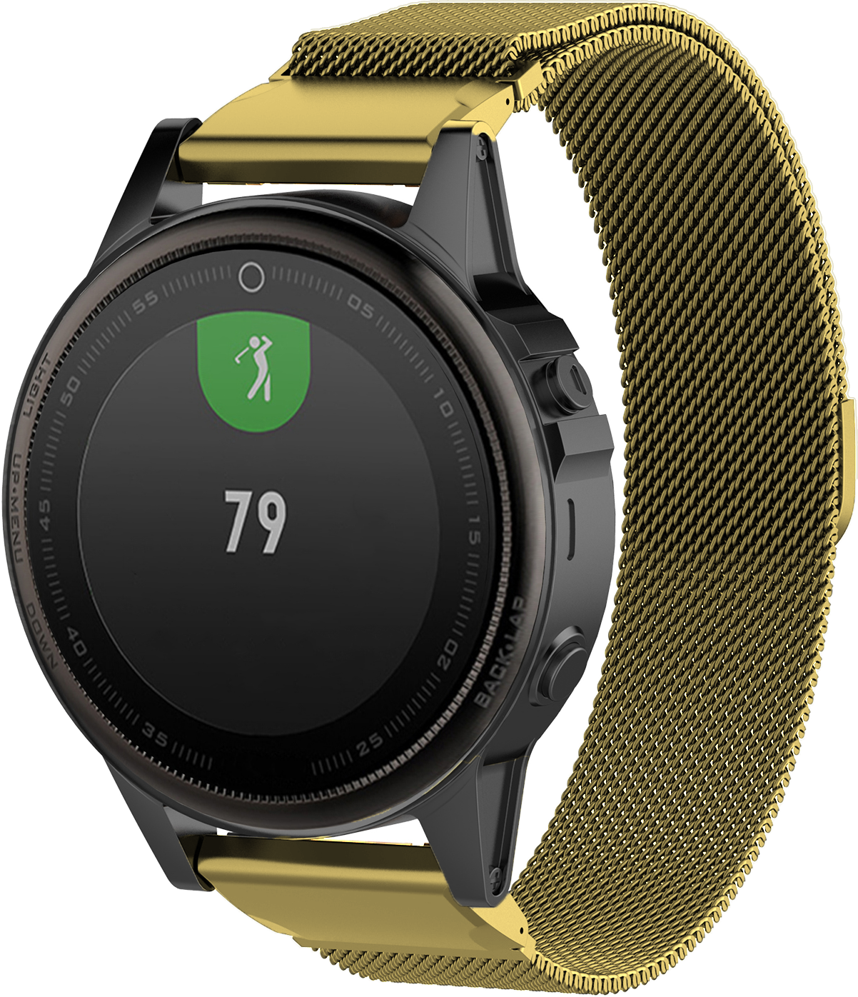 Gold Milanese mesh watch band with quick-fit connector for sports smartwatch, displaying golf score 79 on black digital face