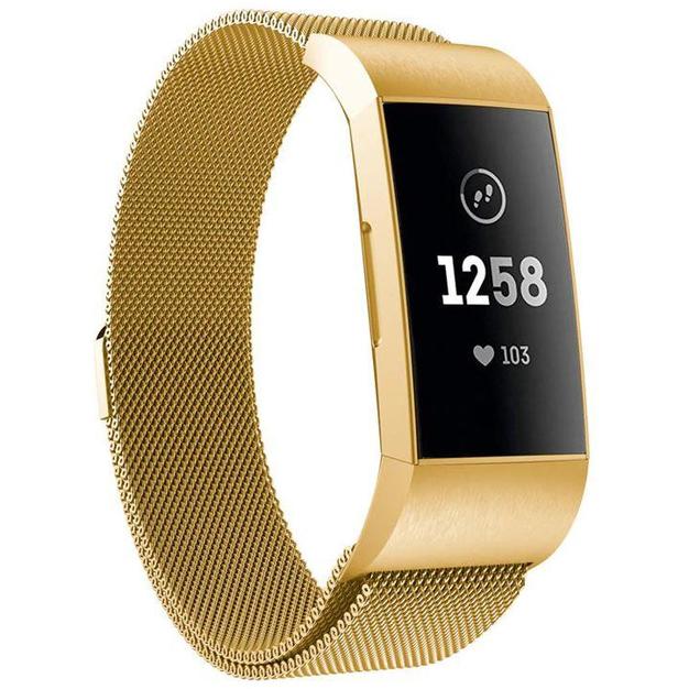Gold Milanese mesh band fitness tracker with heart rate display showing 1258 steps and 103 heart rate