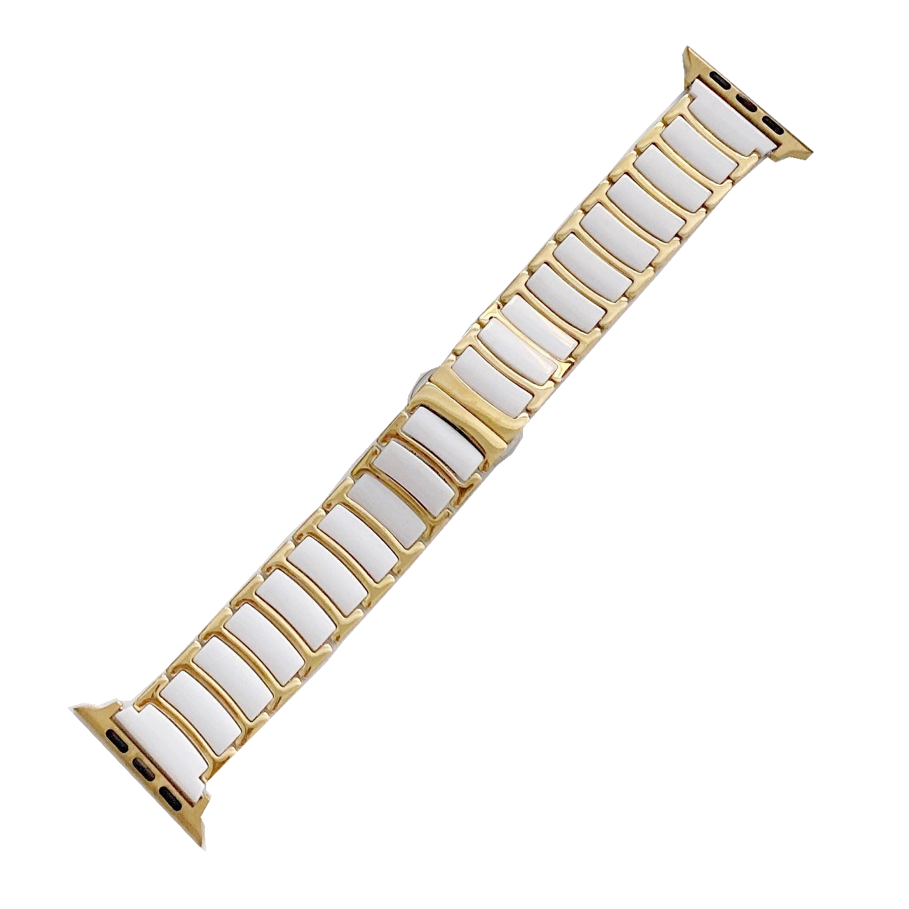 Gold and white ceramic steel Apple Watch band with link bracelet design and magnetic clasp