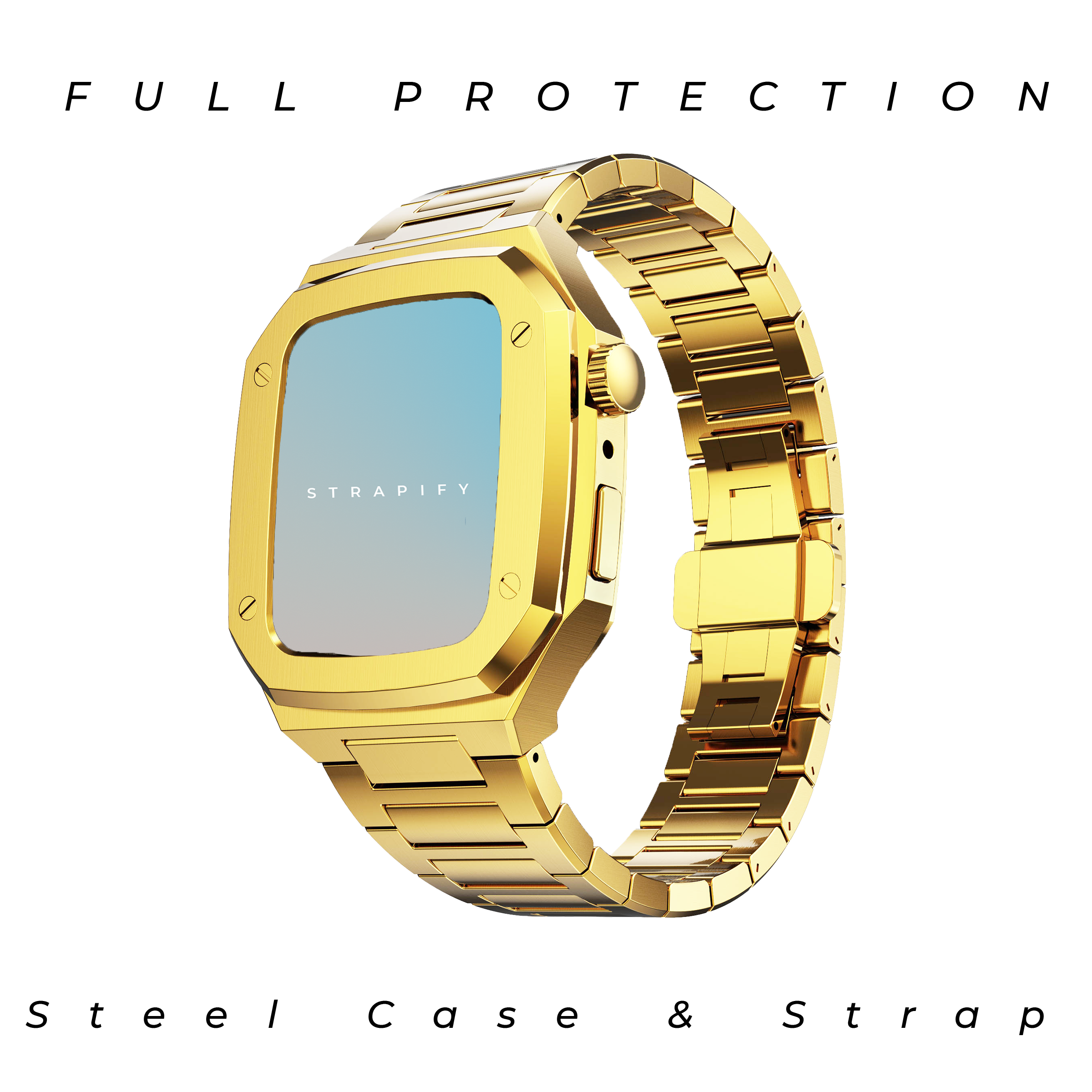 Gold stainless steel smartwatch case and matching metal bracelet band with protective frame design