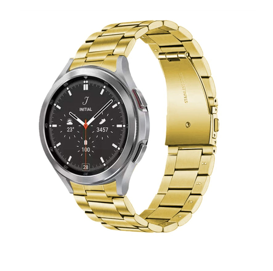 Gold stainless steel bracelet with fitted links for Galaxy Watch 4 5 6 7, shown attached to smartwatch with black dial