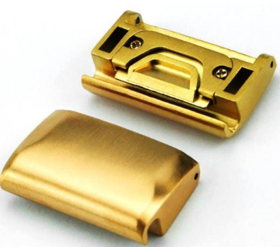 Gold spring bar adapter for 22mm watch straps, quick-fit connector system shown open and closed