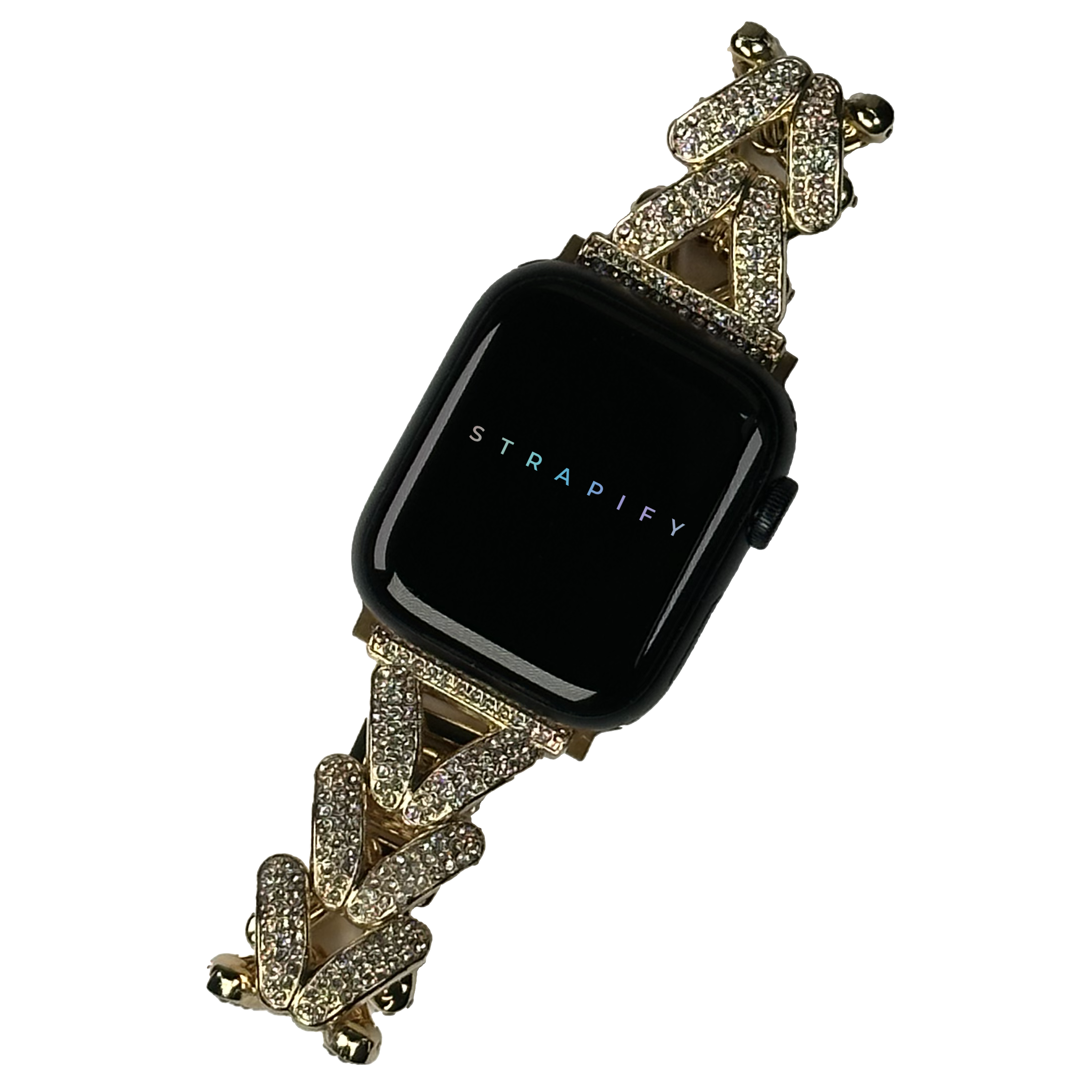 Strapify V-Link Shimmer Bracelet for Apple Watch with gold filigree design and black square smartwatch face