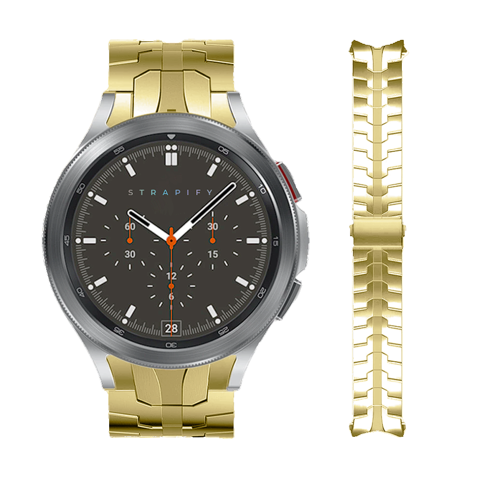 Strapify gold steel bracelet for Galaxy Watch 4-7 with fitted armor link design and matching watch display