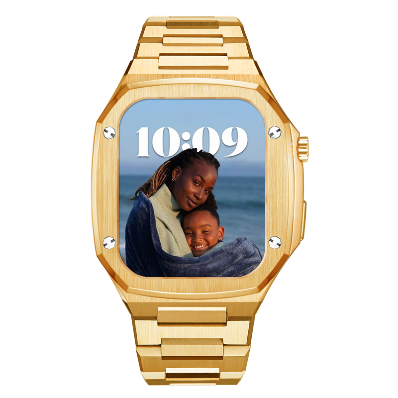 Gold stainless steel smartwatch with rectangular display showing family photo, metal link bracelet, and digital time 10:09