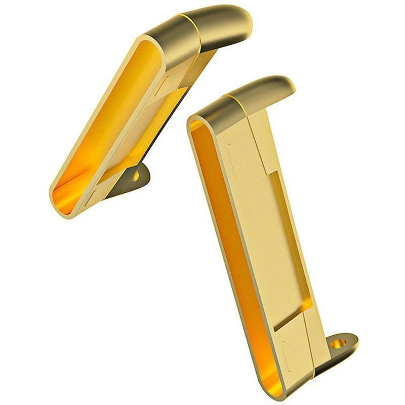 Gold metal watch band adapters with yellow interior allowing 20mm strap compatibility for fitness smartwatches