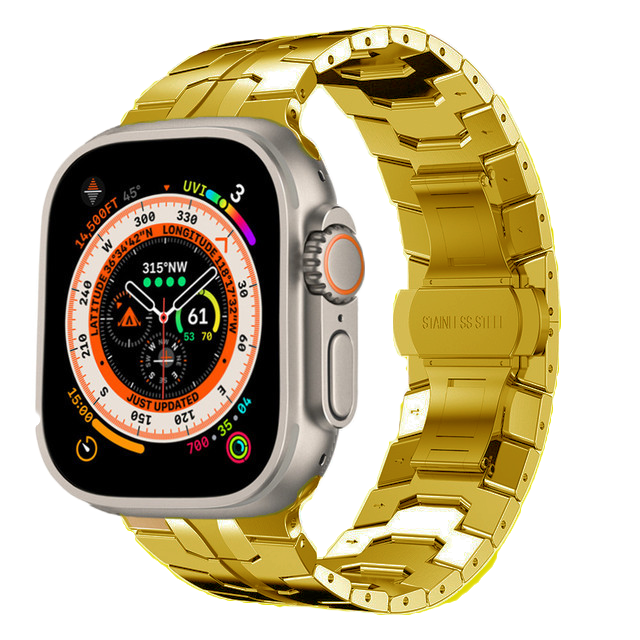 Gold stainless steel bracelet band for Apple Watch Ultra with compass dial display and orange accent crown