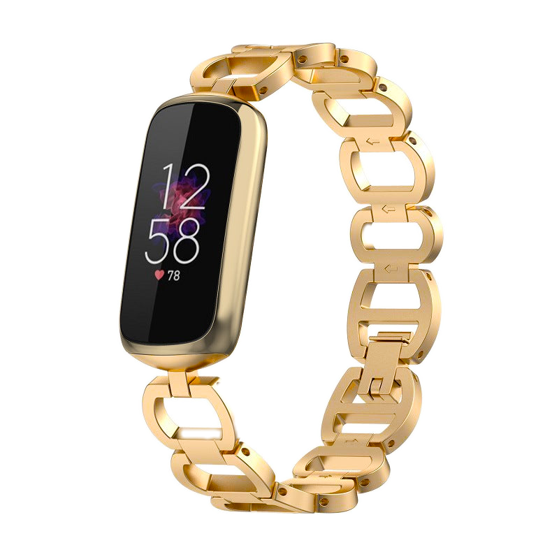 Gold stainless steel chain bracelet band for Fitbit Luxe fitness tracker with OLED display showing time and heart rate