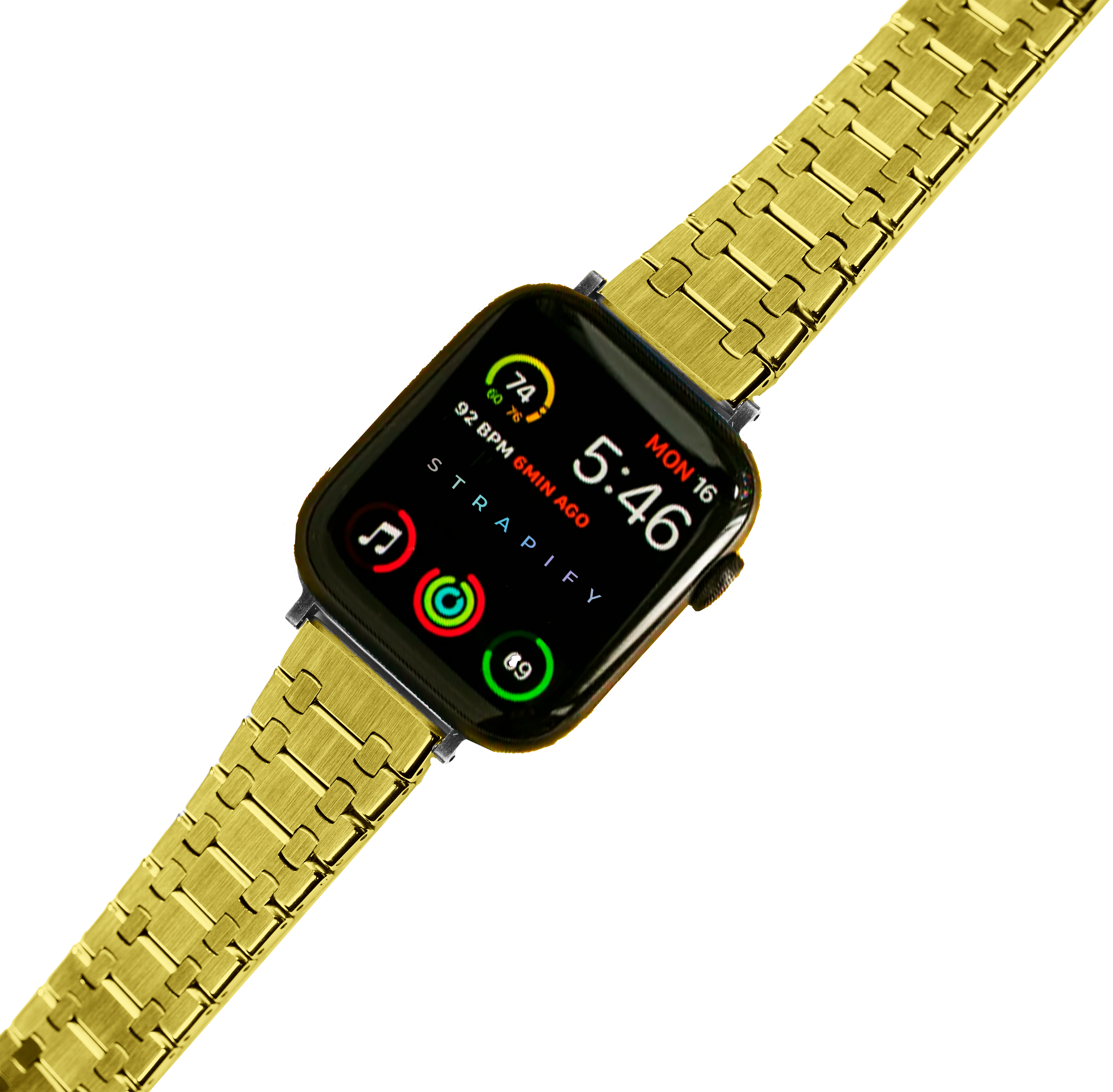 Gold stainless steel smartwatch with black display showing time 5:46 and activity rings, featuring matching gold metal link bracelet band