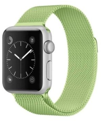 Apple Watch with grass green Milanese loop band, silver aluminum case, analog watch face