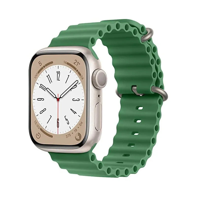 Smartwatch with silver aluminum case, white analog dial, and green ocean loop band with texture details