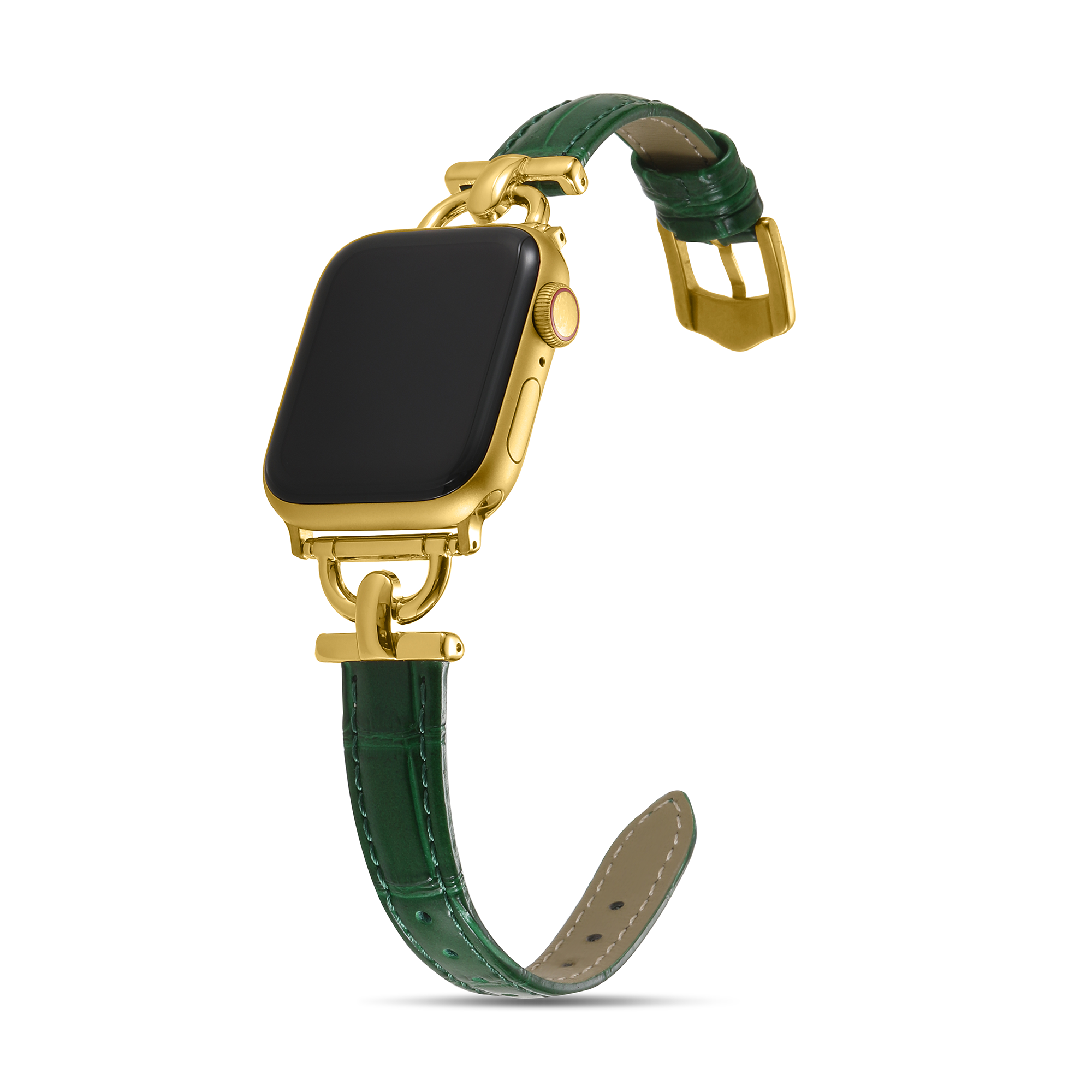 Gold smartwatch with black display and green crocodile leather band with gold hardware connector