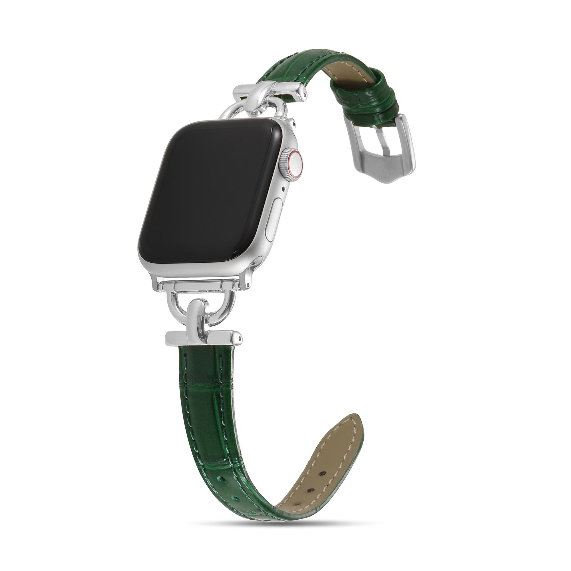 Silver smartwatch with black display and green crocodile embossed leather band with silver metal connectors