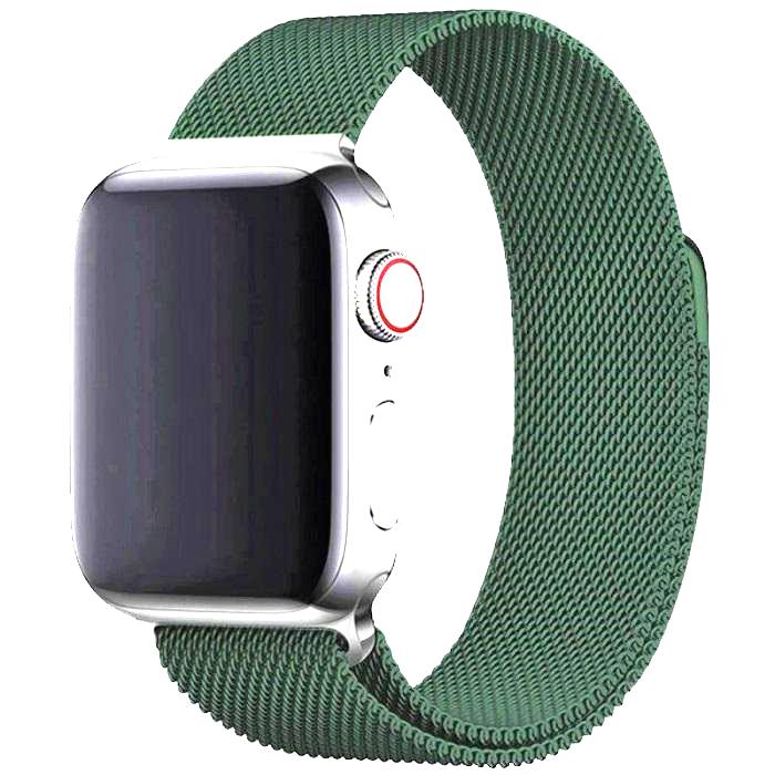 Apple Watch with forest green Milanese loop band, silver stainless steel case with digital crown