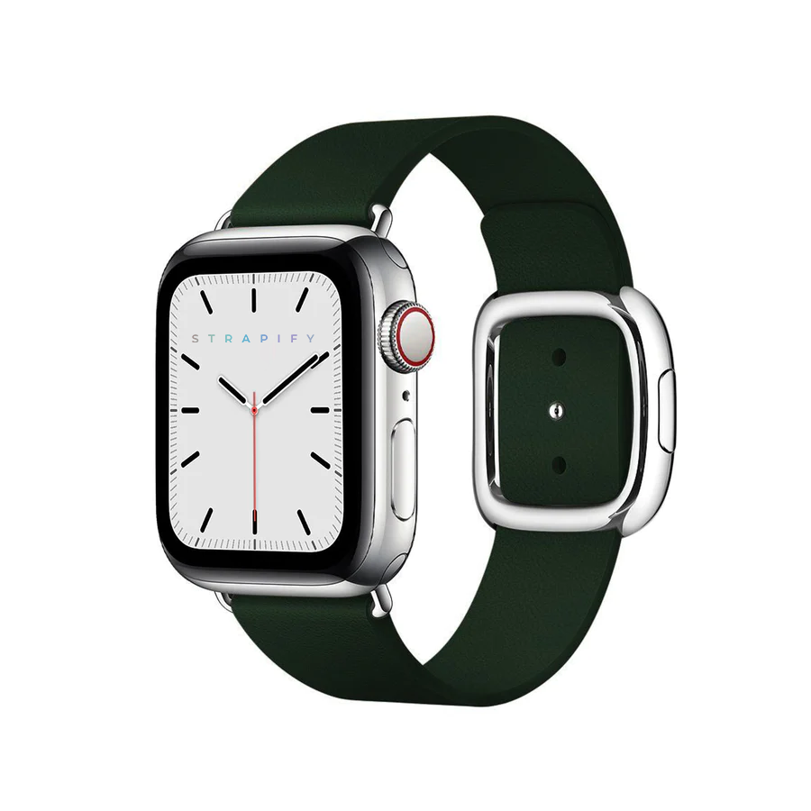 Strapify modern buckle smartwatch band in forest green with silver hardware on rectangular watch face