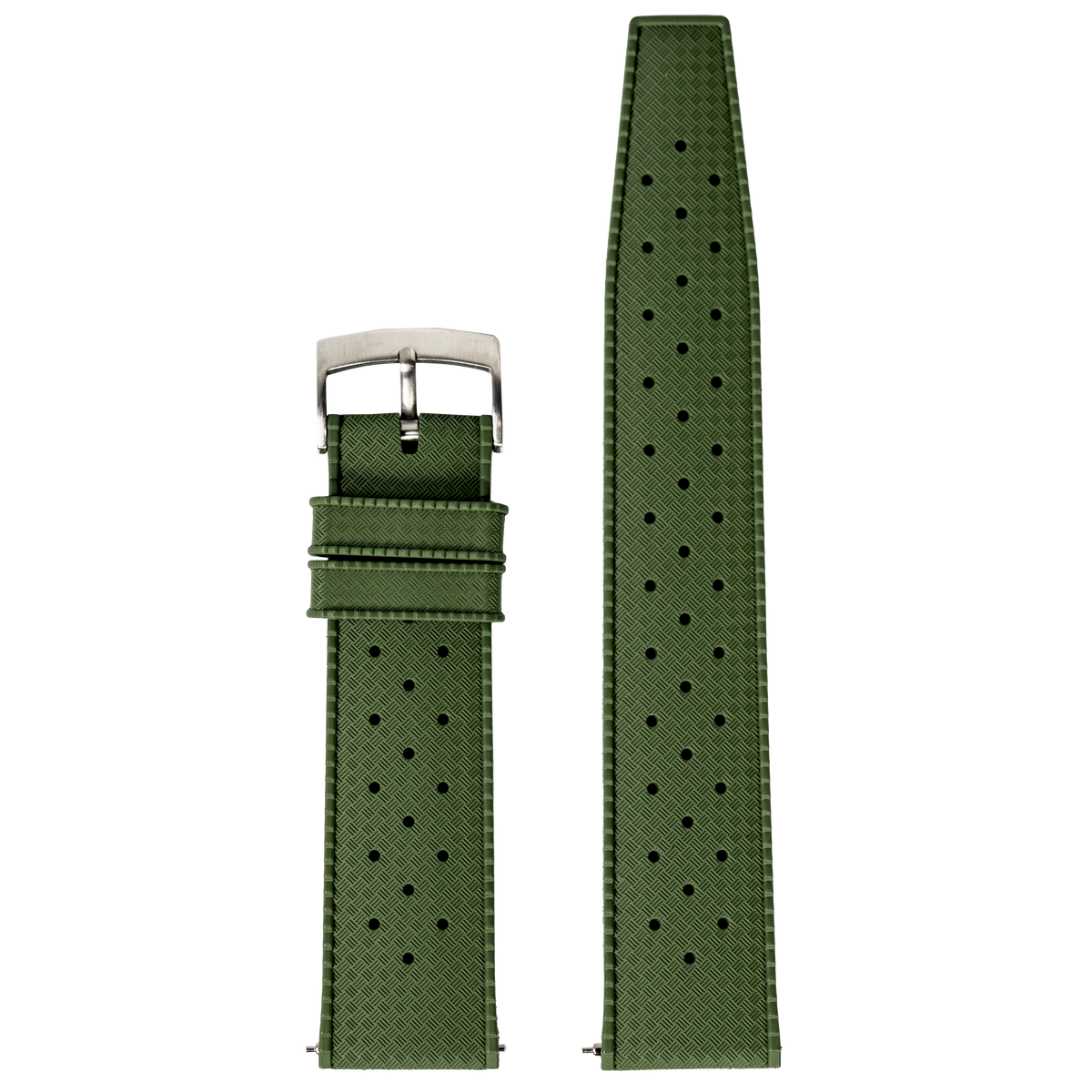 Green perforated FKM rubber Apple Watch band with stainless steel buckle and textured herringbone pattern