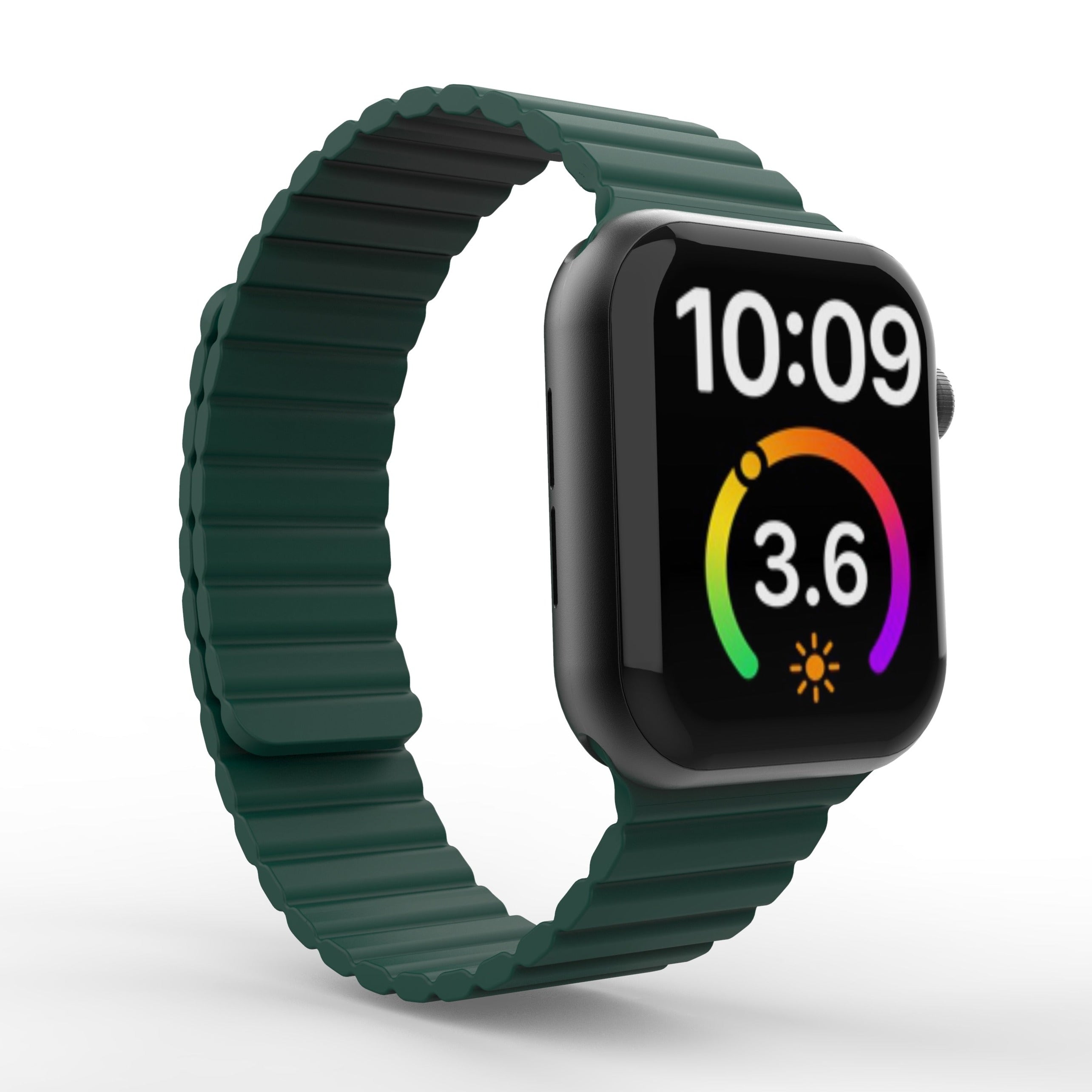 Black smartwatch with green magnetic silicone loop band displaying time and colorful activity ring at 3.6