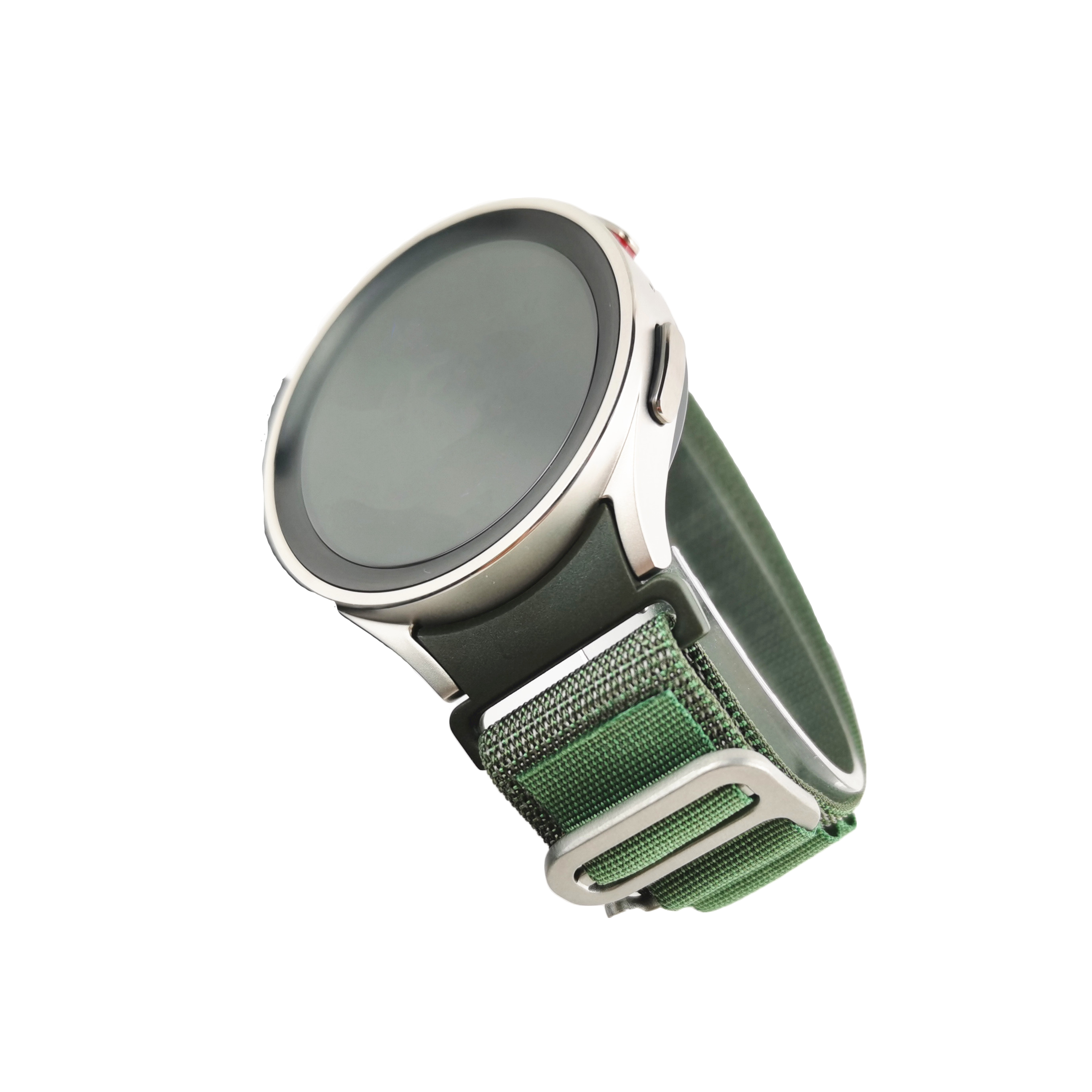 Silver smartwatch with green and grey Alpine loop fabric band and grey digital display