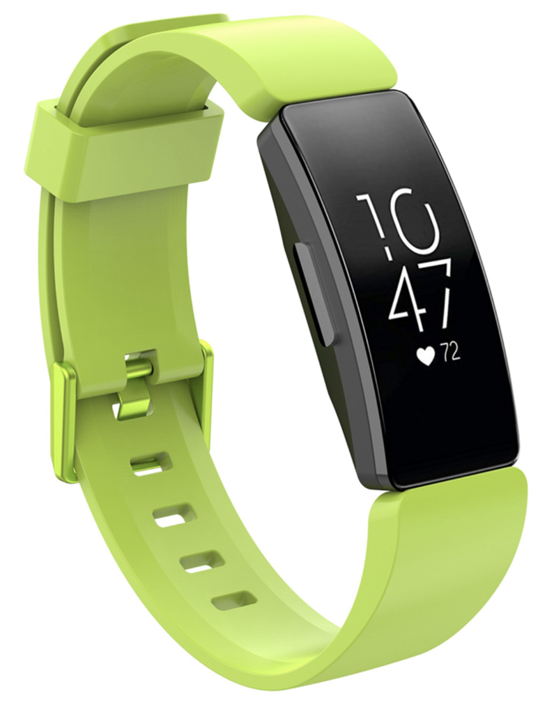 Lime green silicone fitness tracker band with black rectangular display showing time and heart rate monitor for Fitbit Inspire HR Ace 2